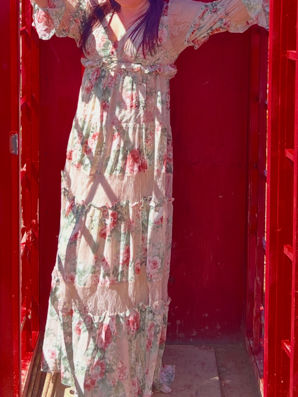 Francesca's Collections Floral Tiered Maxi Dress in Cream and Pink